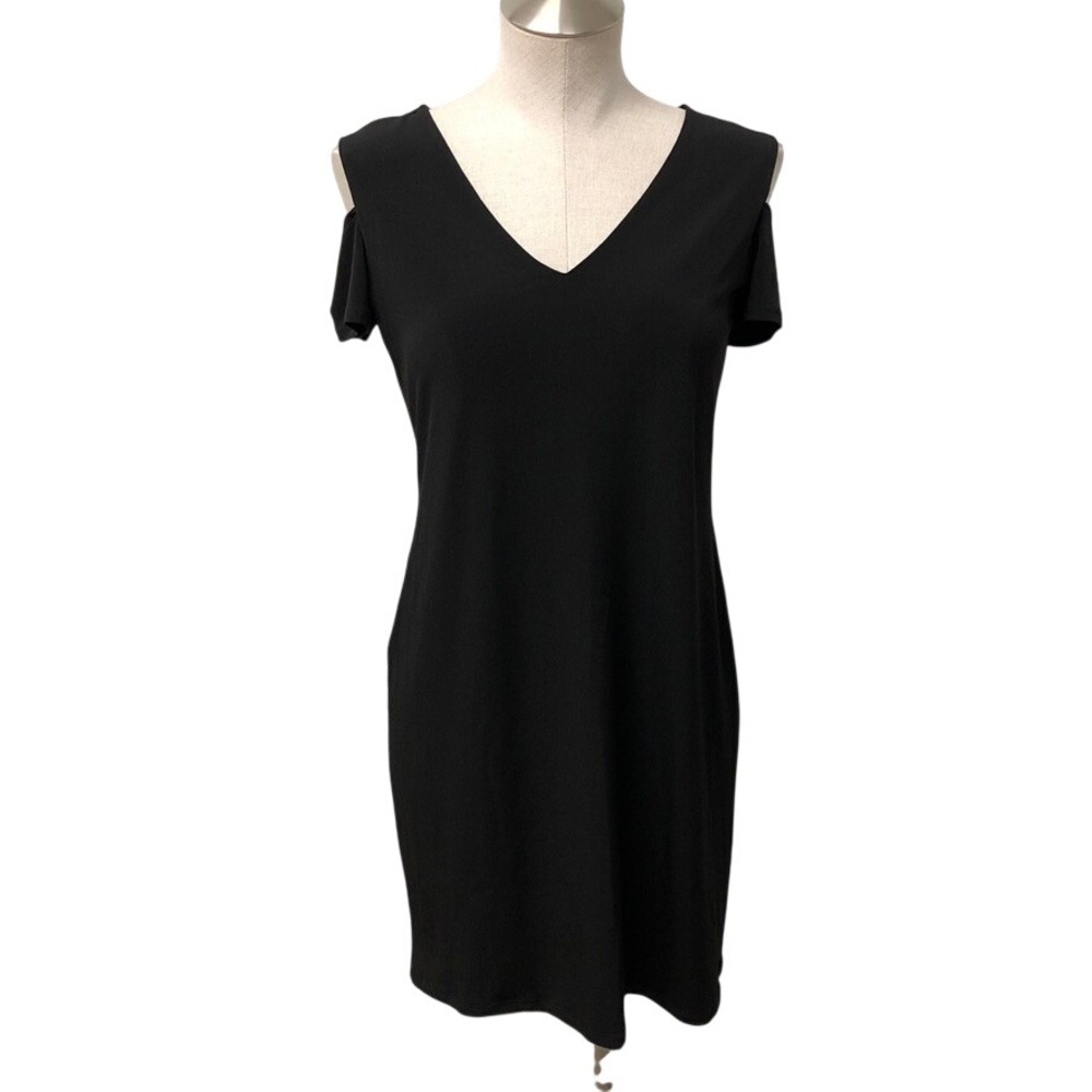 Clara Sunwoo Cold Shoulder Dress Womens XS Black V-Neck Sheath Short Sleeve USA